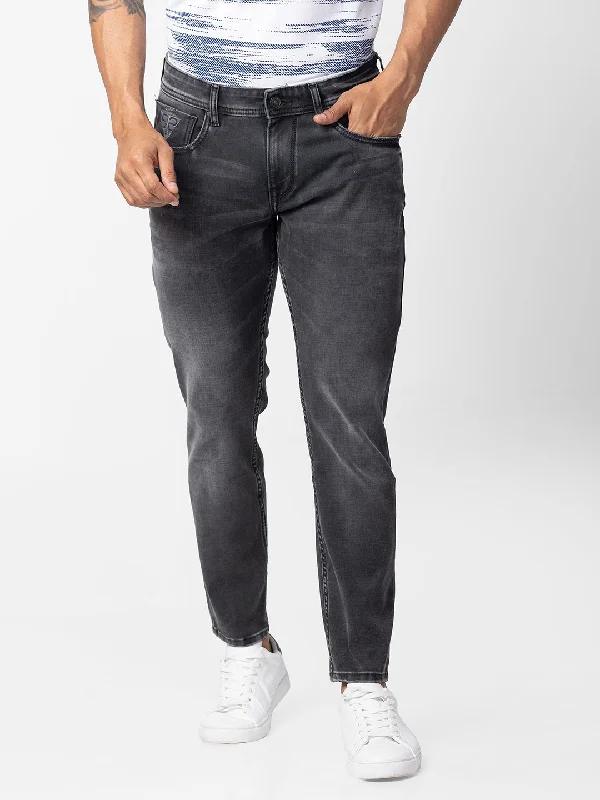 Flare Jeans for Retro Vibe -Spykar Men Charcoal Black Cotton Slim Fit Tapered Length Jeans (Kano)