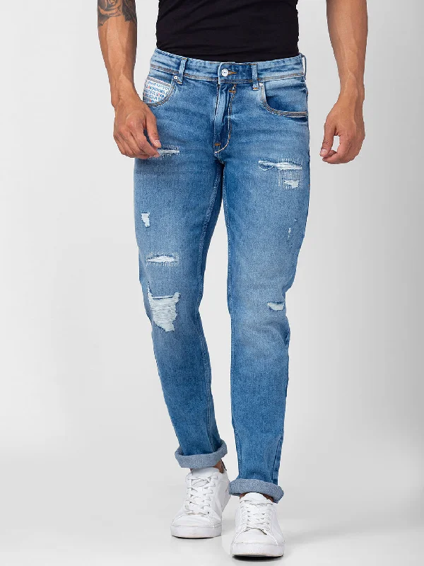 Low Waisted Jeans for Casual -Spykar Men Light Blue Cotton Regular Fit Narrow Length Jeans (Rover)