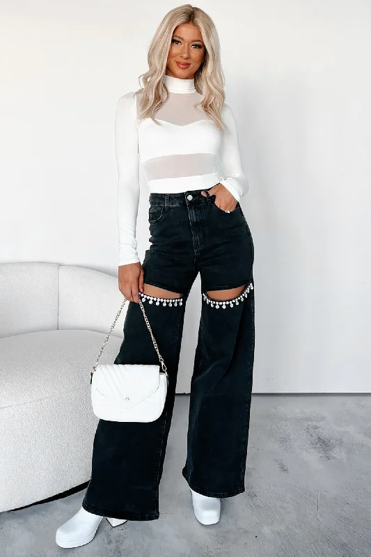 Cuffed Jeans for Stylish Touch -Constant Surprise High Rise Rhinestone Slit Wide Leg Jeans (Black)