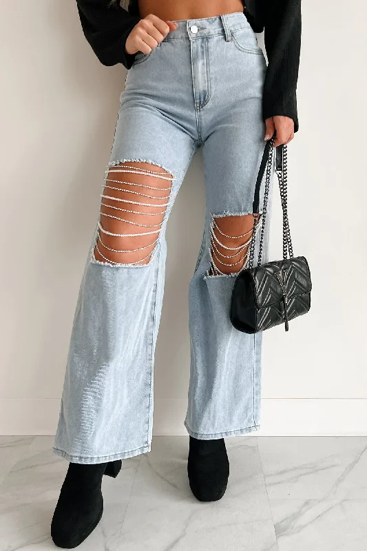 Boyfriend Jeans for Relaxed -Something To Talk About Rhinestone/Pearl Chain Wide Leg Jeans (Light Wash)