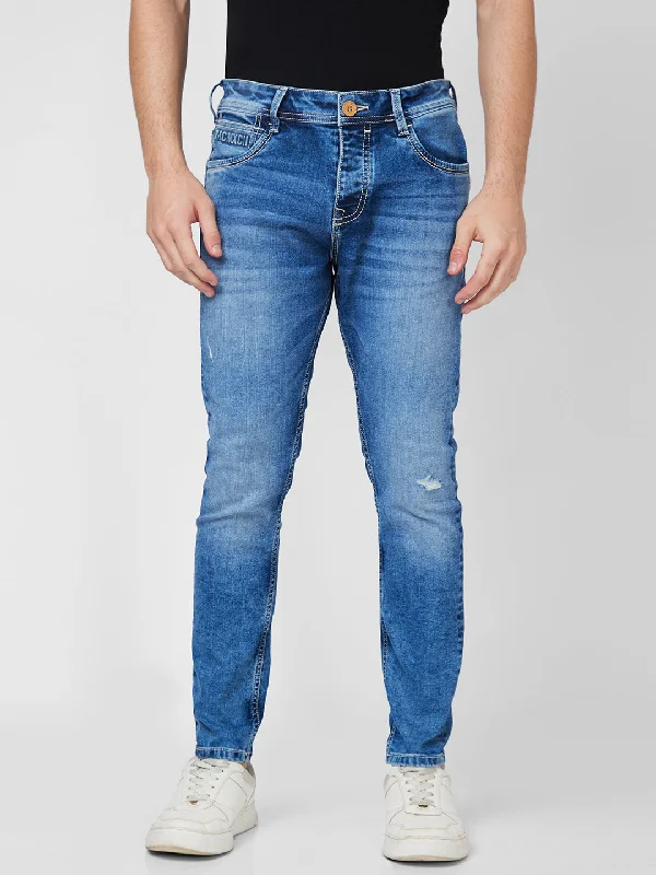 Side Pocket Jeans for Extra -Spykar Mid Rise Tapered Fit Blue Jeans For Men