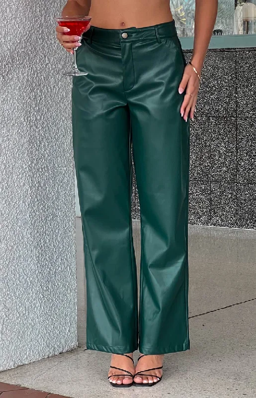 Vintage high-waisted pants for nostalgic wardrobe charm -Cool Shade Forest Green PU Pants