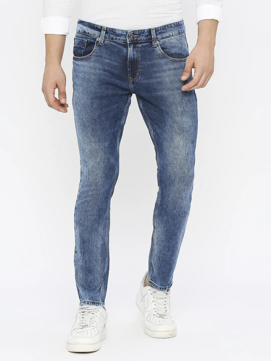 Frayed Hem Jeans for Edgy -Spykar Men Dark Blue Cotton Slim Fit Tapered Length Clean Look Mid Rise Jeans-(Kano)