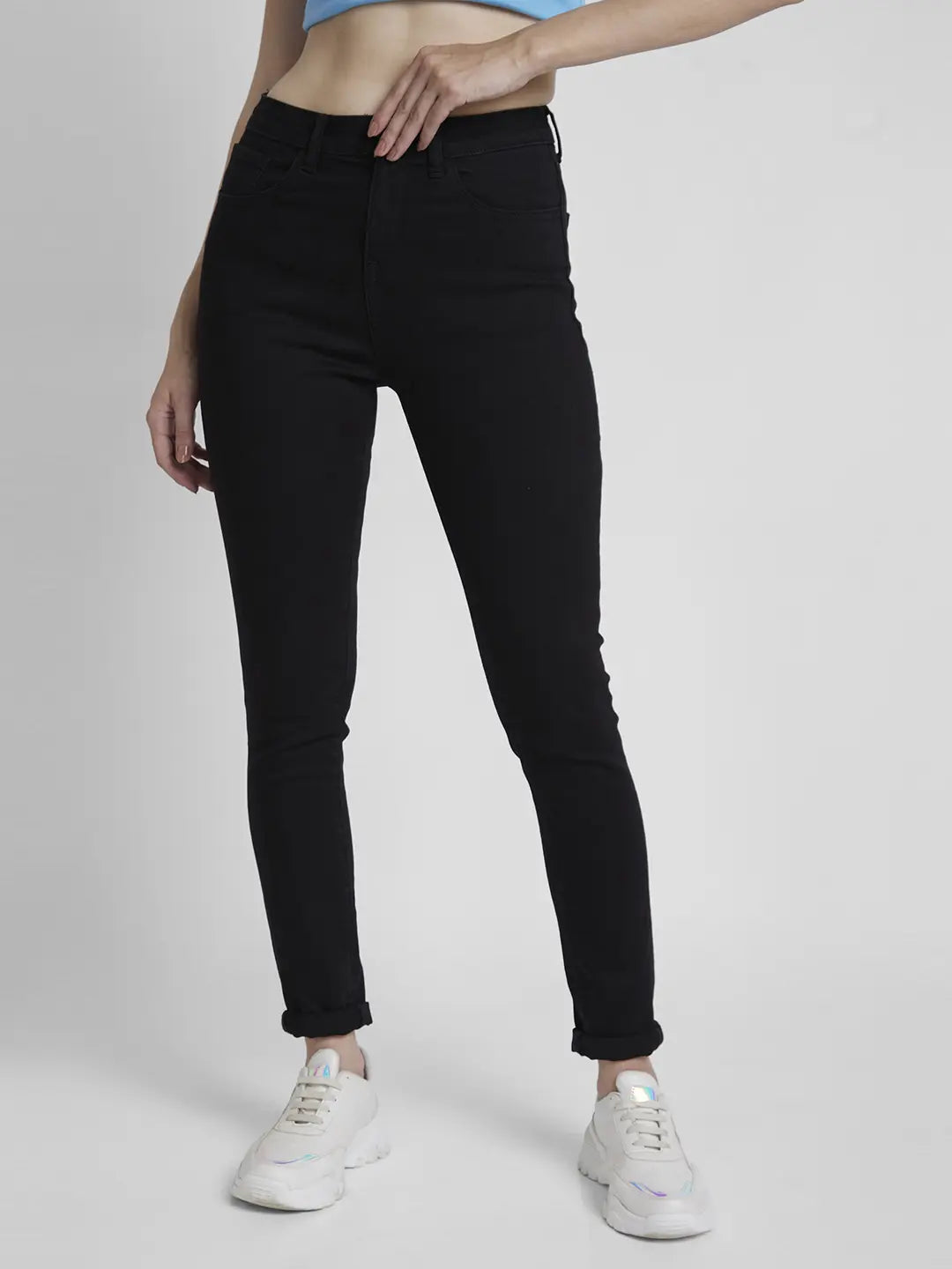 Straight Jeans for Classic Style -Spykar Women Raw Black Lycra Skinny Fit Regular Length Clean Look Jeans -(Adora)