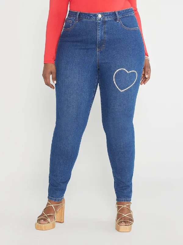 Dark Wash Jeans for Elegance -Rhinestone Heart Skinny Jeans