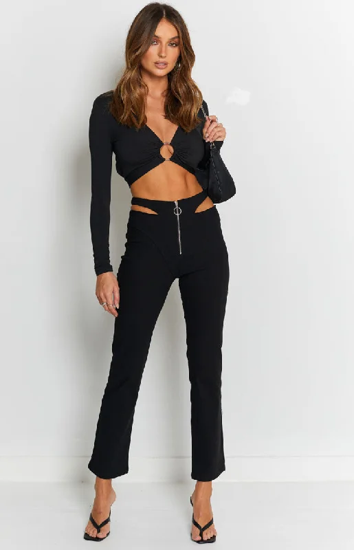 Retro bell-bottom pants for 70s-inspired fashion -Margherita Hip Cut Out Pants Black