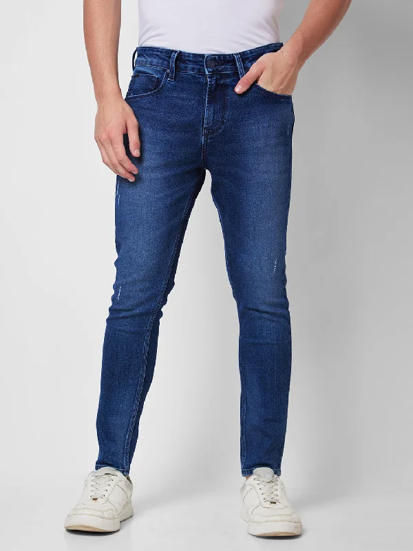 Fringed Jeans for Western -Spykar Mid Rise Tapered Fit Blue Jeans For Men