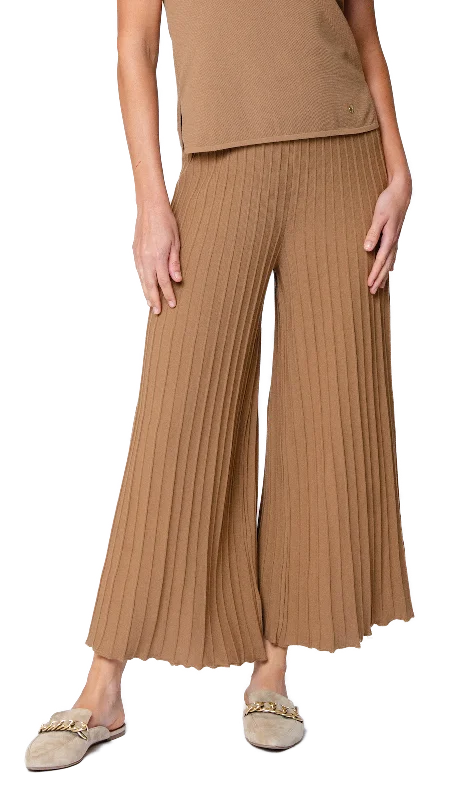 Luxury silk pants for glamorous evening wear -Giuliana Plisse-Look Cropped Wide Leg Pants; Mocha