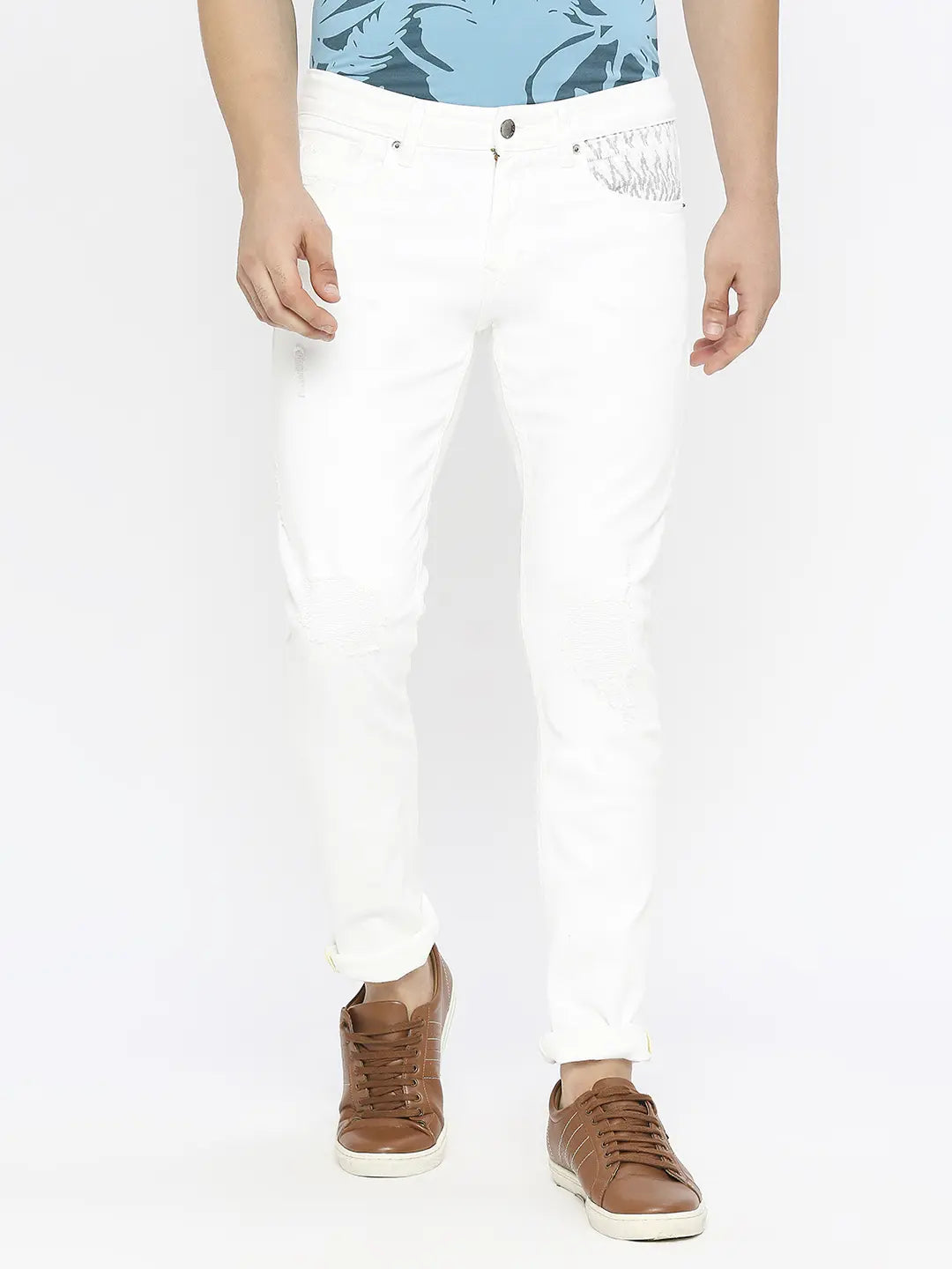 Capri Jeans for Beach Style -Spykar Men White Cotton Slim Fit Narrow Length Mildly Distressed Low Rise Jeans-(Skinny)