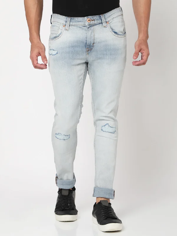 Light Wash Jeans for Casual -Spykar Light Blue Cotton Slim Fit Narrow Length Jeans For Men (Skinny)