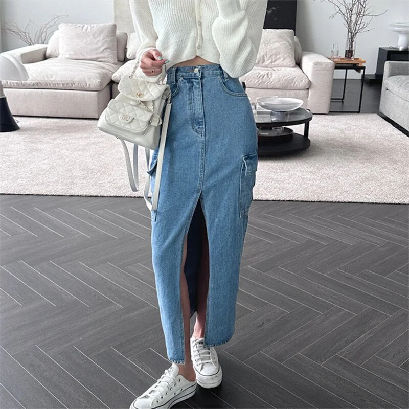 Flowy skirts for relaxed vacation wear -KittenAlarm - Cargo Jeans Skirt for Women High Waisted Side Pockets Split Fashion Midi Skirt Vintage Casual Streetwear Y2k Skirts