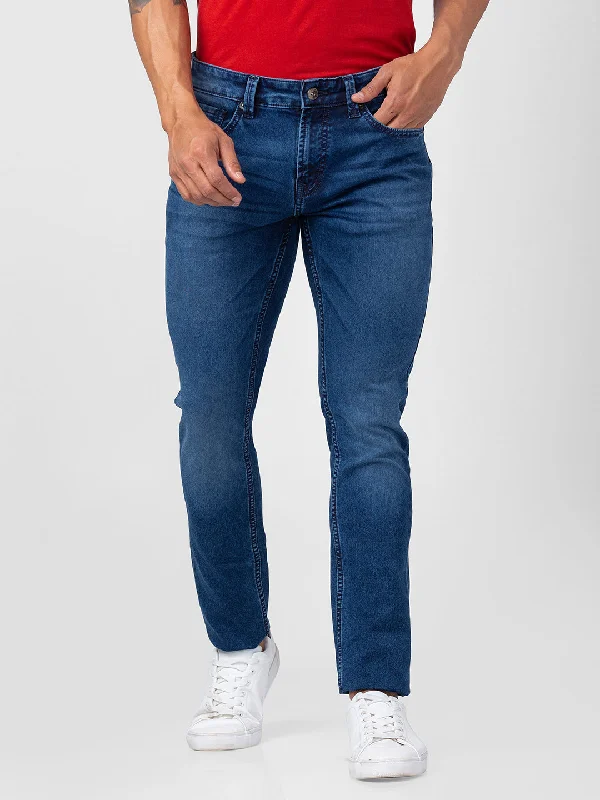 Dark Wash Jeans for Elegance -Spykar Men Mid Blue Cotton Slim Fit Narrow Length Jeans (Skinny)