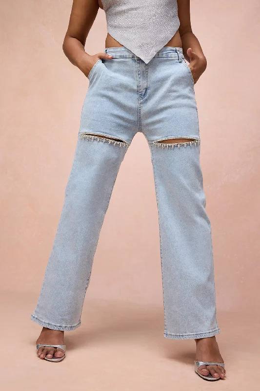 High-end Jeans for Exclusivity -Aria Blue Rhinestone Cut-Out Jeans