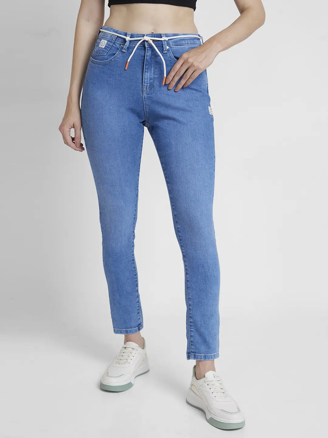 Low Waisted Jeans for Casual -Spykar Women Light Blue Lycra Skinny Fit Regular Length Clean Look Jeans -(Adora)