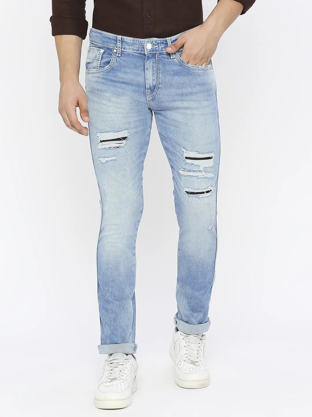 Hunting Jeans for Woods -Spykar Men Light Blue Cotton Slim Fit Narrow Length Highly Distressed Low Rise Jeans-(Skinny)