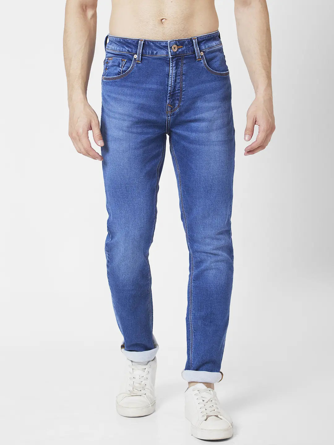 Raw Hem Jeans for Trendy -Spykar Men Mid Blue Cotton Stretch Regular Fit Narrow Length Clean Look Mid Rise Jeans (Rover)