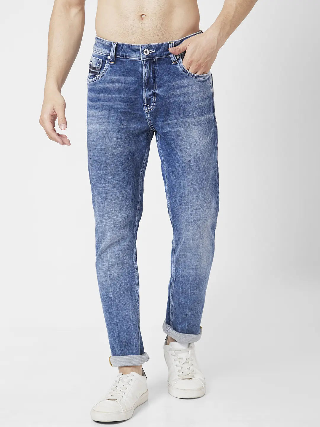 Rolled Shorts Jeans for Style -Spykar Men Mid Blue Cotton Regular Fit Narrow Length Clean Look Mid Rise Jeans (Rover)