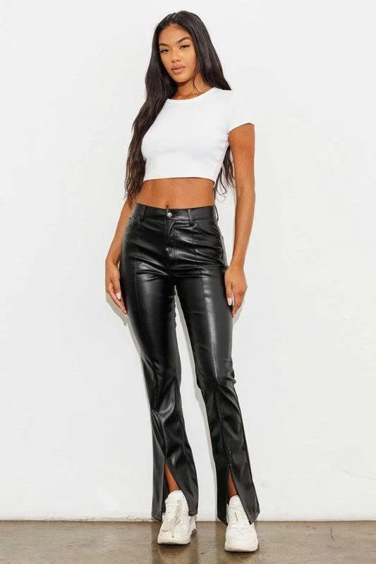 Lightweight culottes pants for summer fashion flair -Vegan Leather Front Slit Bootcut Pants