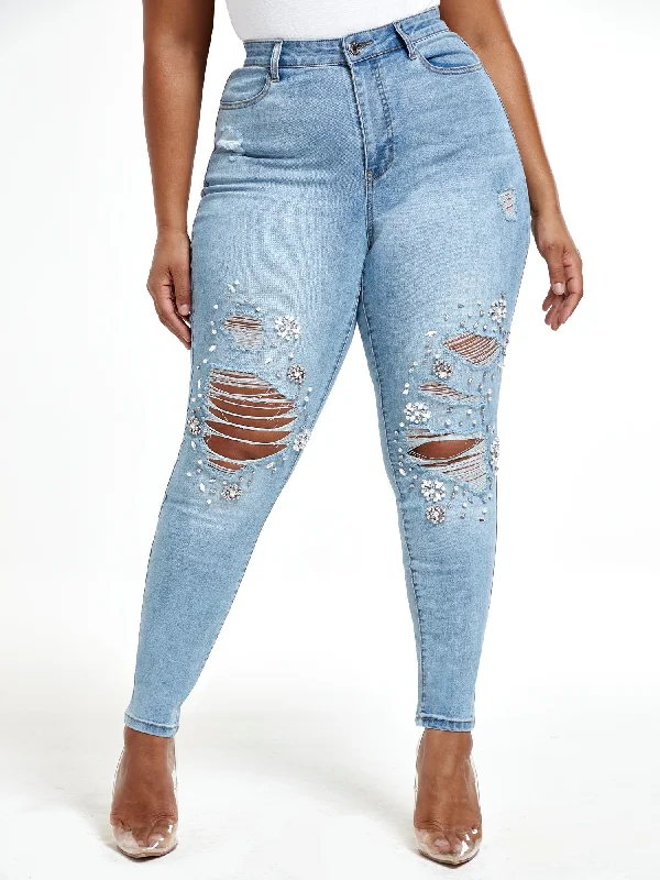 Faded Jeans for Laid-back -Light Wash High Rise Rhinestone Skinny Jeans - Tall Inseam