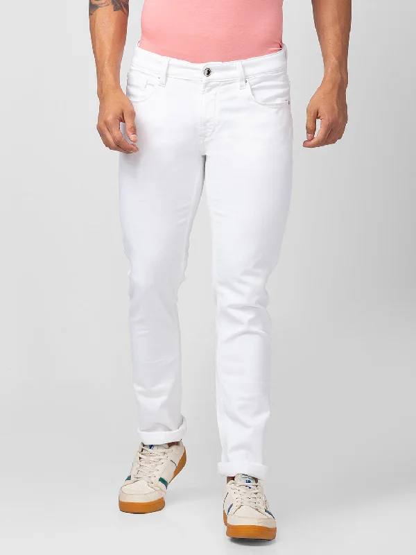 Dark Wash Jeans for Elegance -Spykar Men White Cotton Stretch Regular Fit Narrow Length Jeans (Rover)