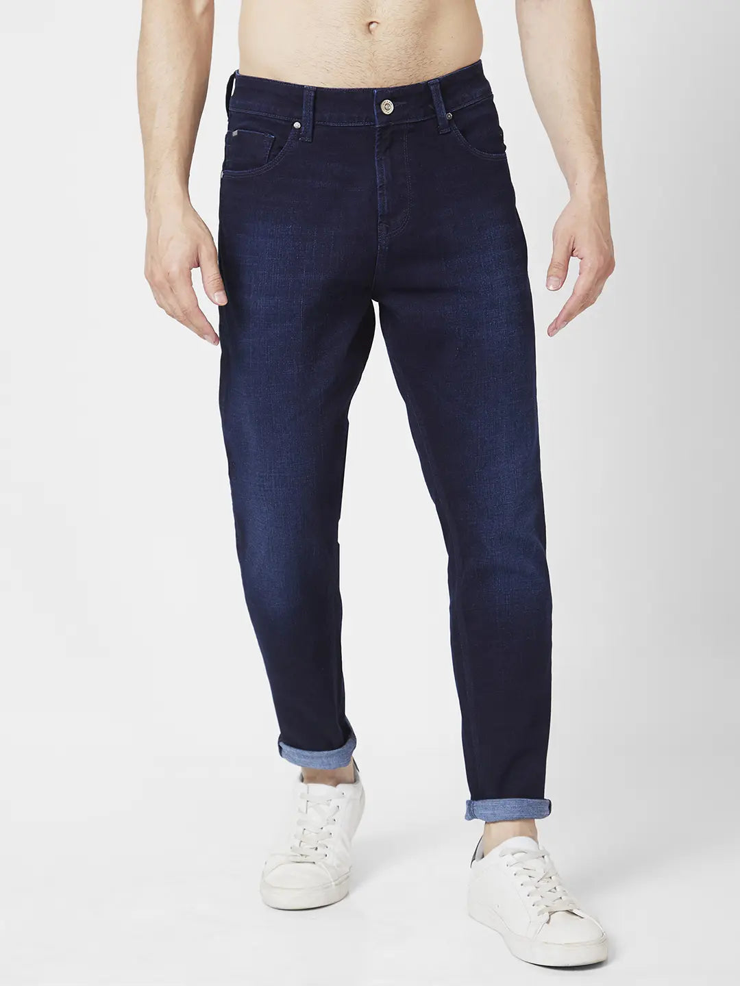 Shorts Jeans for Hot Days -Spykar Men Dark Blue Cotton Stretch Slim Fit Tapered Length Clean Look Mid Rise Jeans (Kano)