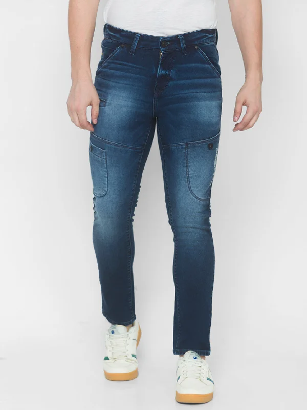 Embroidered Jeans for Detail -Spykar Men Dark Blue Solid Slim High-Rise Jeans (Jogger)