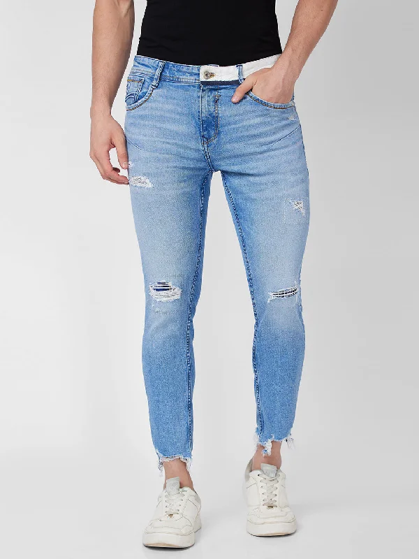 Low Waisted Jeans for Casual -Spykar Mid Rise Tapered Fit Blue Jeans For Men