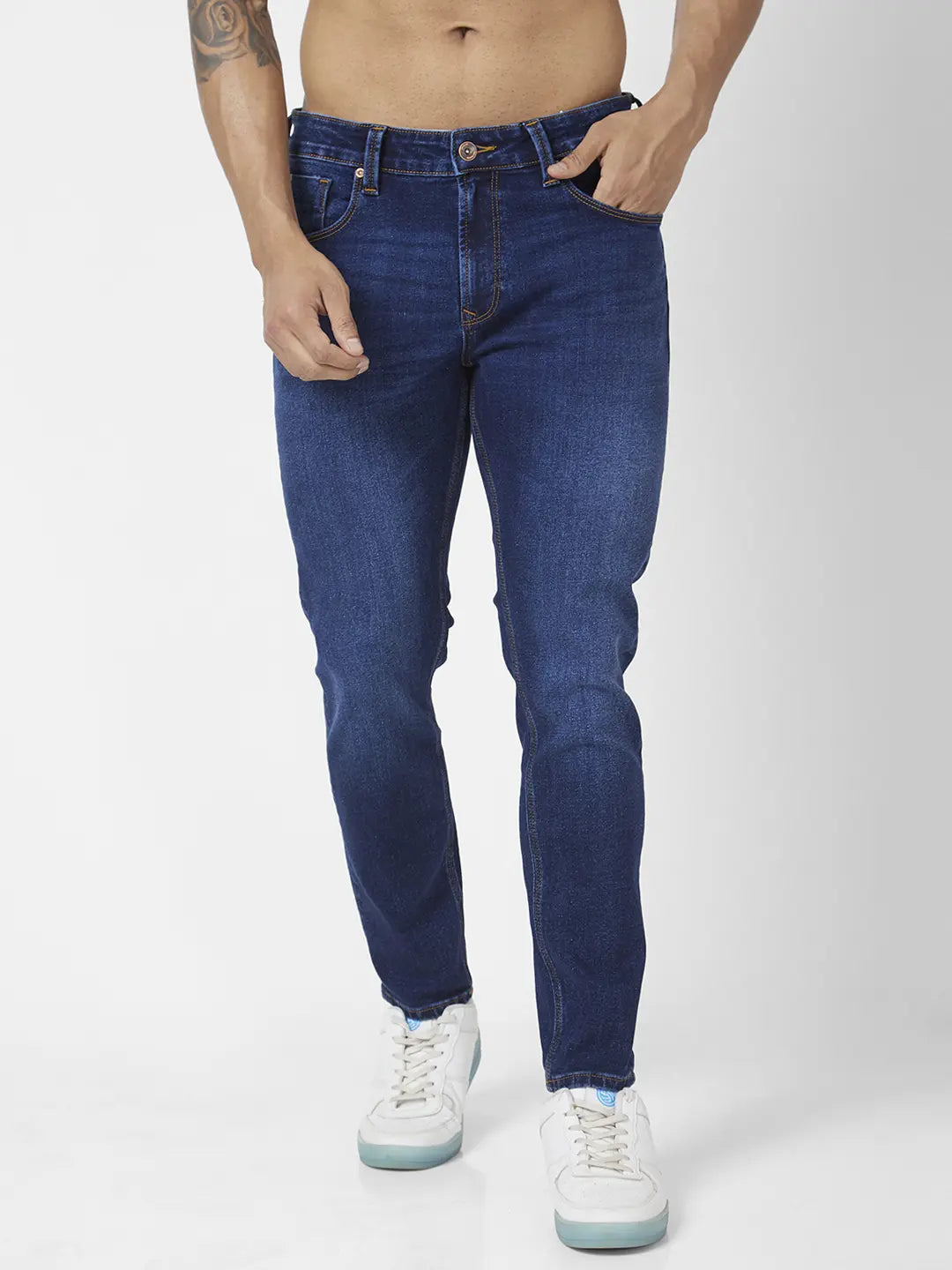 Gray Jeans for Neutral Tone -Spykar Men Mid Blue Cotton Stretch Slim Fit Tapered Length Clean Look Mid Rise Jeans (Kano)