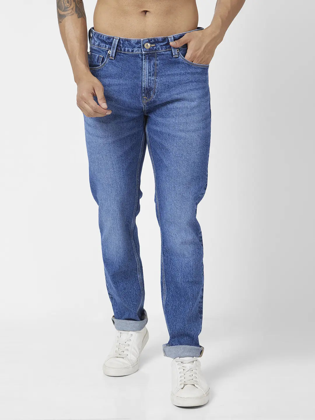 High Waisted Jeans for Shape -Spykar Men Mid Blue Cotton Stretch Comfort Fit Straigth Length Clean Look Mid Rise Jeans (Ricardo)