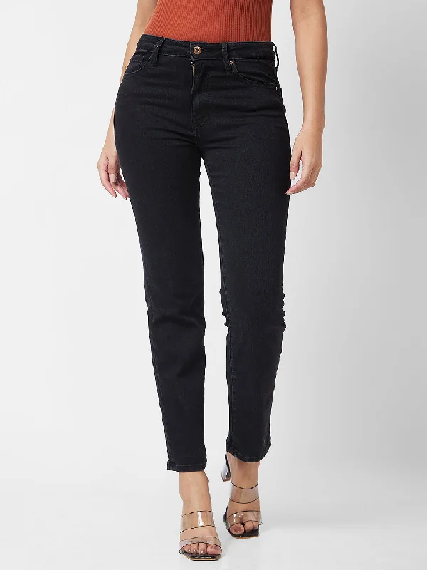 Back Pocket Jeans for Design -Spykar Mid Rise Slim Straight Fit Black Jeans For Women