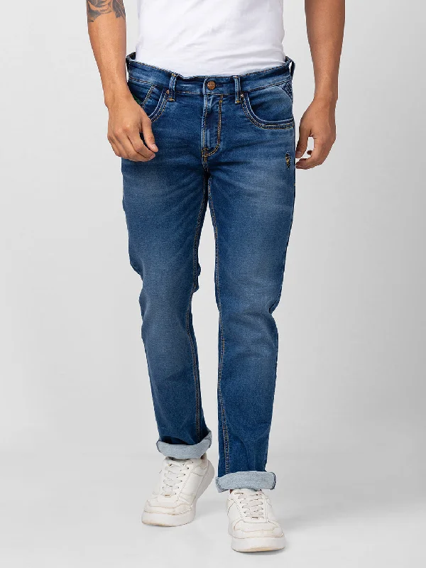 Cropped Jeans for Summer Look -Spykar Men Mid Blue Cotton Regular Fit Narrow Length Jeans (Rover)