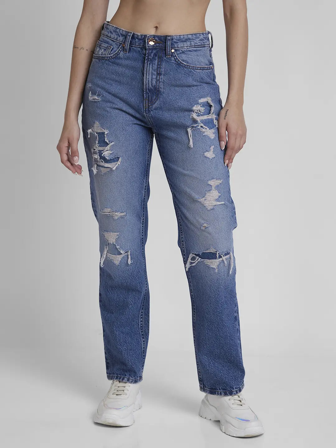 Travel Jeans for On-the-go -Spykar Women Mid Blue Cotton Straight Fit Regular Length Highly Distressed Jeans -(Bella)