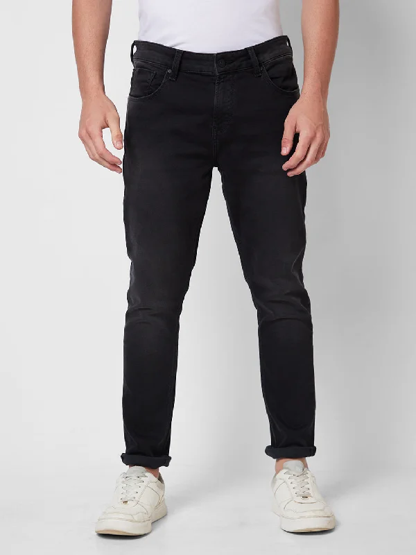 Jean Skirts for Feminine -Spykar Mid Rise Tapered Fit Black Jeans For Men