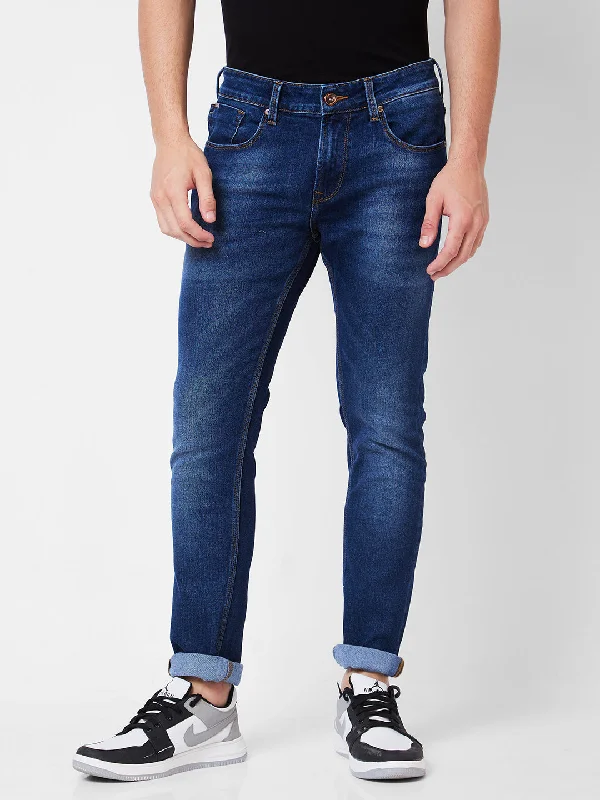 Leather Trim Jeans for Luxury -Spykar Low Rise Skinny Fit Blue Jeans For Men