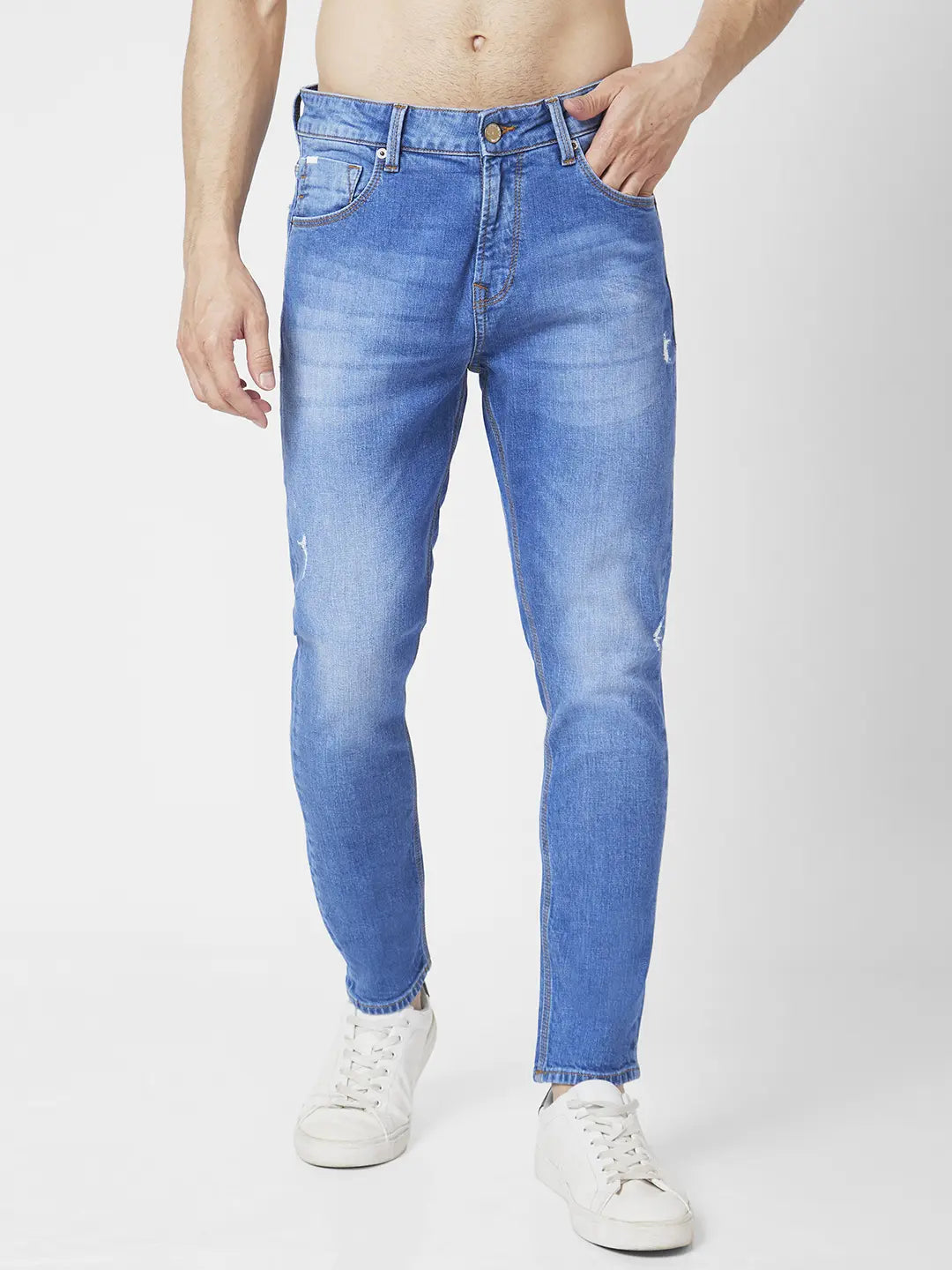 High Waisted Jeans for Shape -Spykar Men Light Blue Cotton Stretch Slim Fit Tapered Length Clean Look Mid Rise Jeans (Kano)