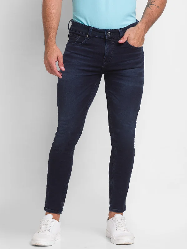 Jean Skirts for Feminine -Spykar Dark Blue Cotton Slim Fit Tapered Length Jeans For Men (Kano)