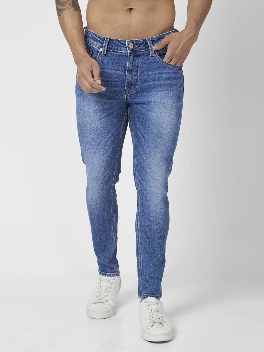 A-line Skirt Jeans for Grace -Spykar Men Mid Blue Cotton Stretch Slim Fit Tapered Length Clean Look Mid Rise Jeans (Kano)