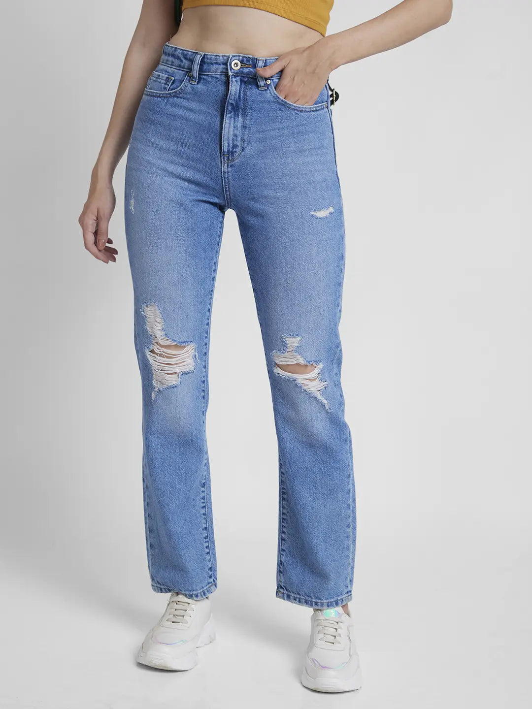 Frayed Hem Jeans for Edgy -Spykar Women Light Blue Cotton Straight Fit Regular Length Mild Distressed Jeans -(Bella)