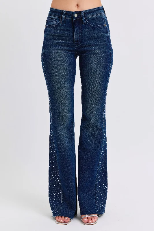 Sustainable Jeans for Eco -Judy Blue Mid Rise Rhinestone Detail Dark Flare Jeans