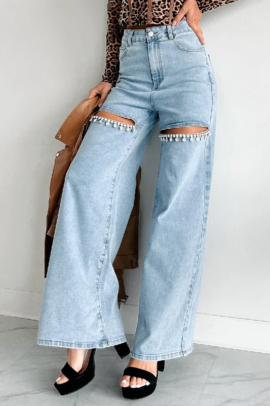 Slim Boyfriend Jeans for Hybrid -Constant Surprise High Rise Rhinestone Slit Wide Leg Jeans (Light Wash)