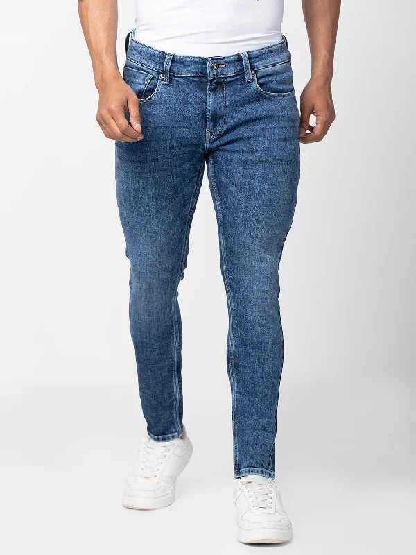 Straight Jeans for Classic Style -Spykar Men Mid Blue Cotton Slim Fit Tapered Length Jeans (Kano)