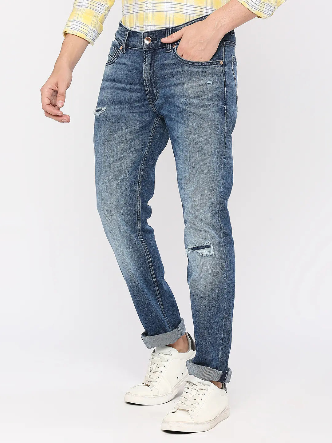 Embellished Back Pocket Jeans for Glamour -Spykar Men Mid Blue Cotton Regular Fit Narrow Length Knee Slash Mid Rise Limited Edition Jeans (Rover)