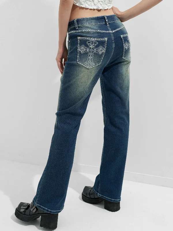 Distressed Jeans for Edgy Style -Rhinestone Chrome Hearts Flare Leg Jeans