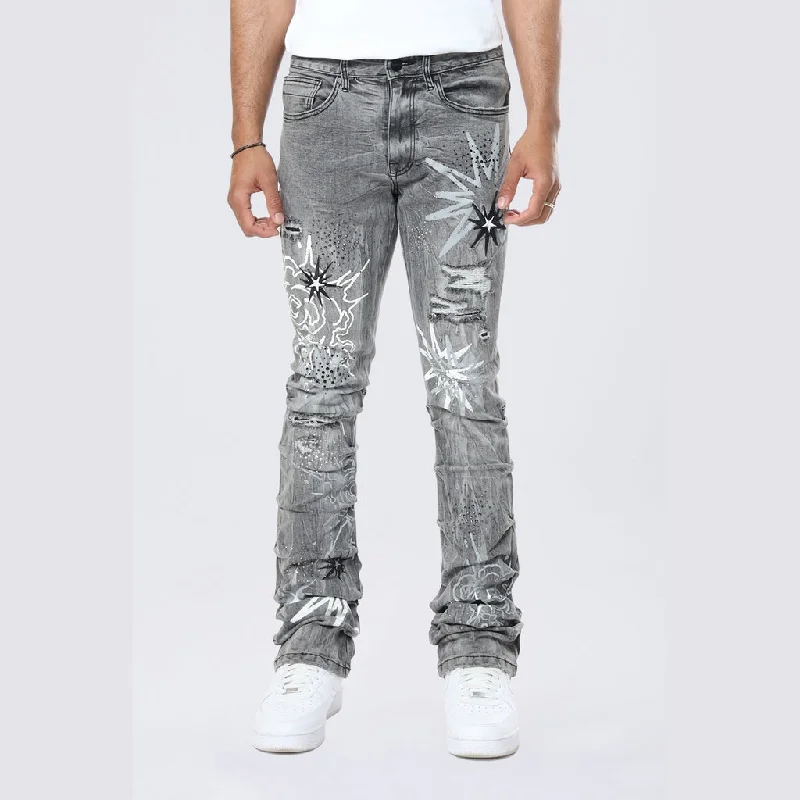 Weekend Jeans for Lazy -Stacked Flared Pinched Rhinestone Jeans - Shibuya Black