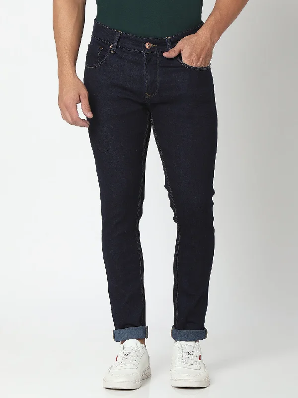 Overalls Jeans for Workwear -Spykar Raw Blue Cotton Slim Fit Tapered Length Jeans For Men (Kano)