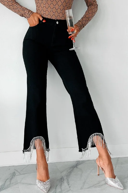 Embroidered Jeans for Detail -Made It Shine Rhinestone Fringe Jeans (Black)