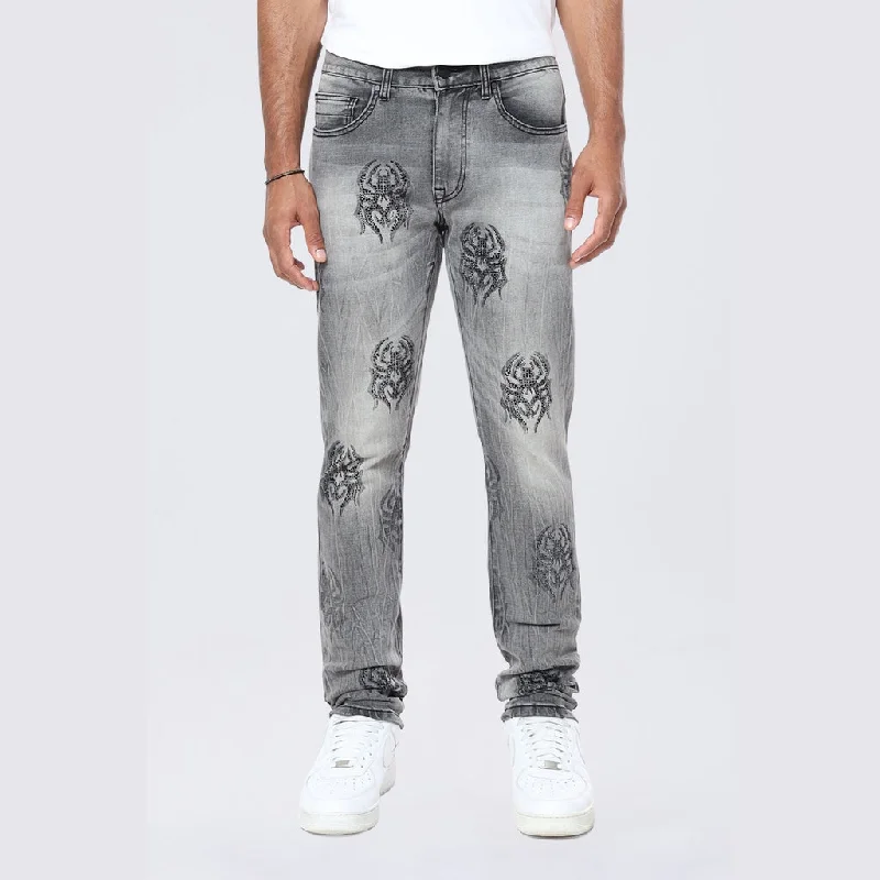 Business Jeans for Dressy -Slim Spider Rhinestone Jeans - Pluto Grey