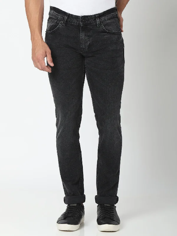 Stonewashed Jeans for Softness -Spykar Charcoal Black Slim Fit Narrow Length Jeans For Men (Skinny)