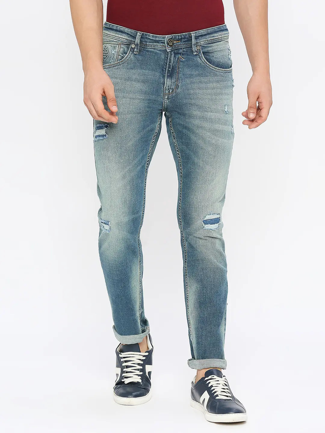 Carpenter Jeans for Function -Spykar Men Mid Blue Cotton Slim Fit Narrow Length Clean Look Low Rise Jeans-(Skinny)