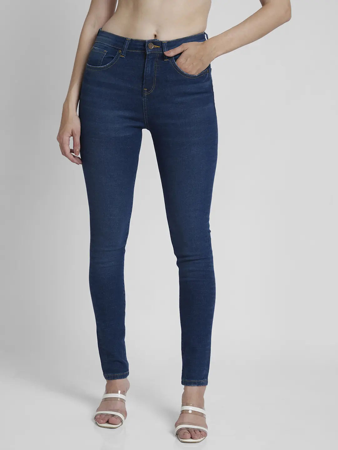 Distressed Jeans for Edgy Style -Spykar Women Mid Blue Lycra Skinny Fit Regular Length Low Distressed Jeans -(Adora)